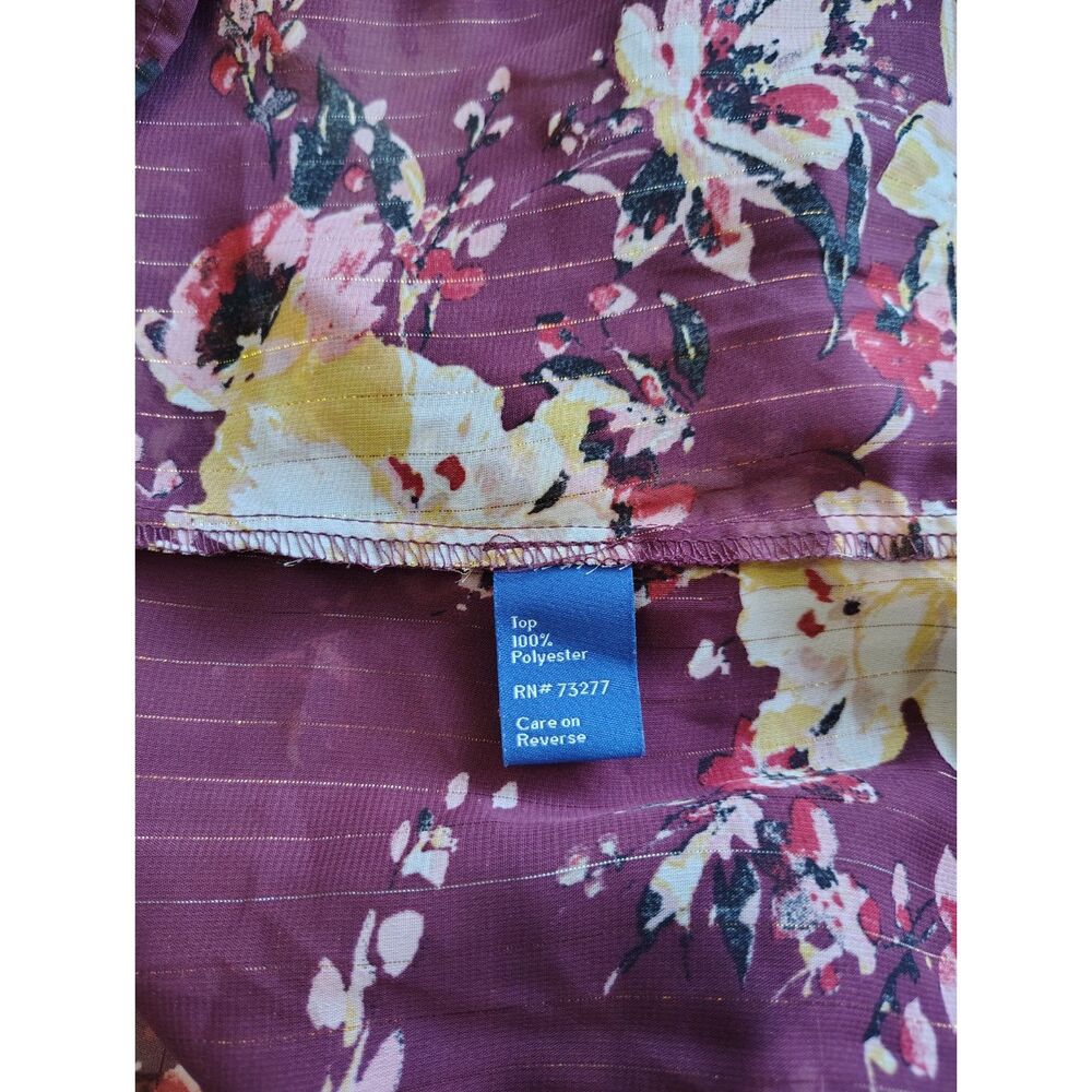 APT. 9 XL Burgundy Floral Sheer Blouse Bell Sleeve Split Neck Boho Career Top - Picture 5 of 6